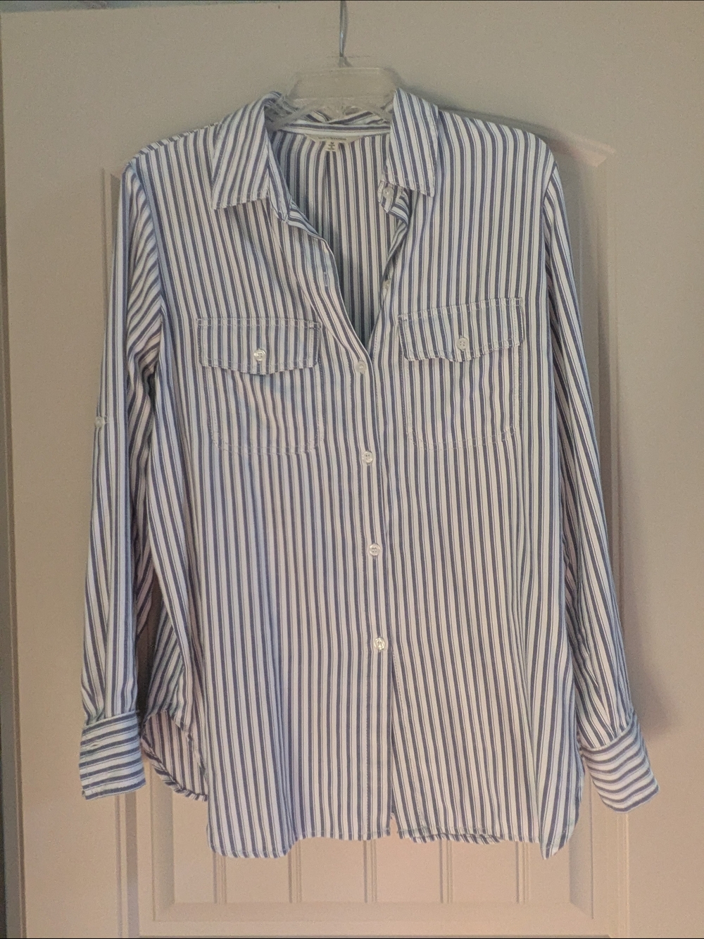 Max Studio Women's  Blue and White Striped Button-Up Shirt